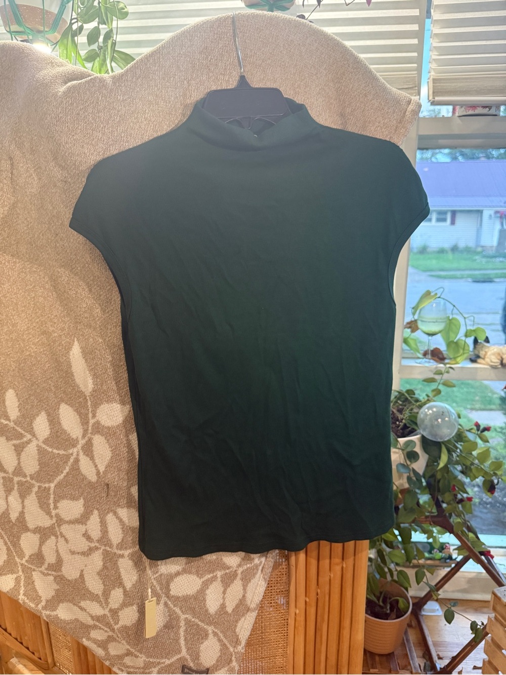 OGL Dark Green High-Neck Cap Sleeve Mock Neck Top